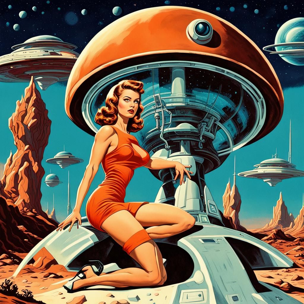 Retro-Futuristic Pinup Poster: Martian Heroine in 1960s Styl...