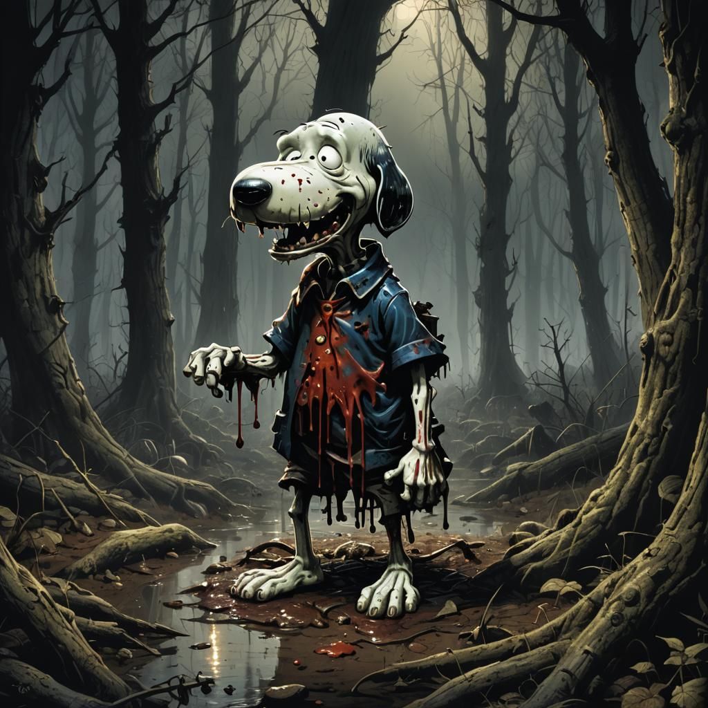 Zombie Snoopy in Dark Woods, Horror Art