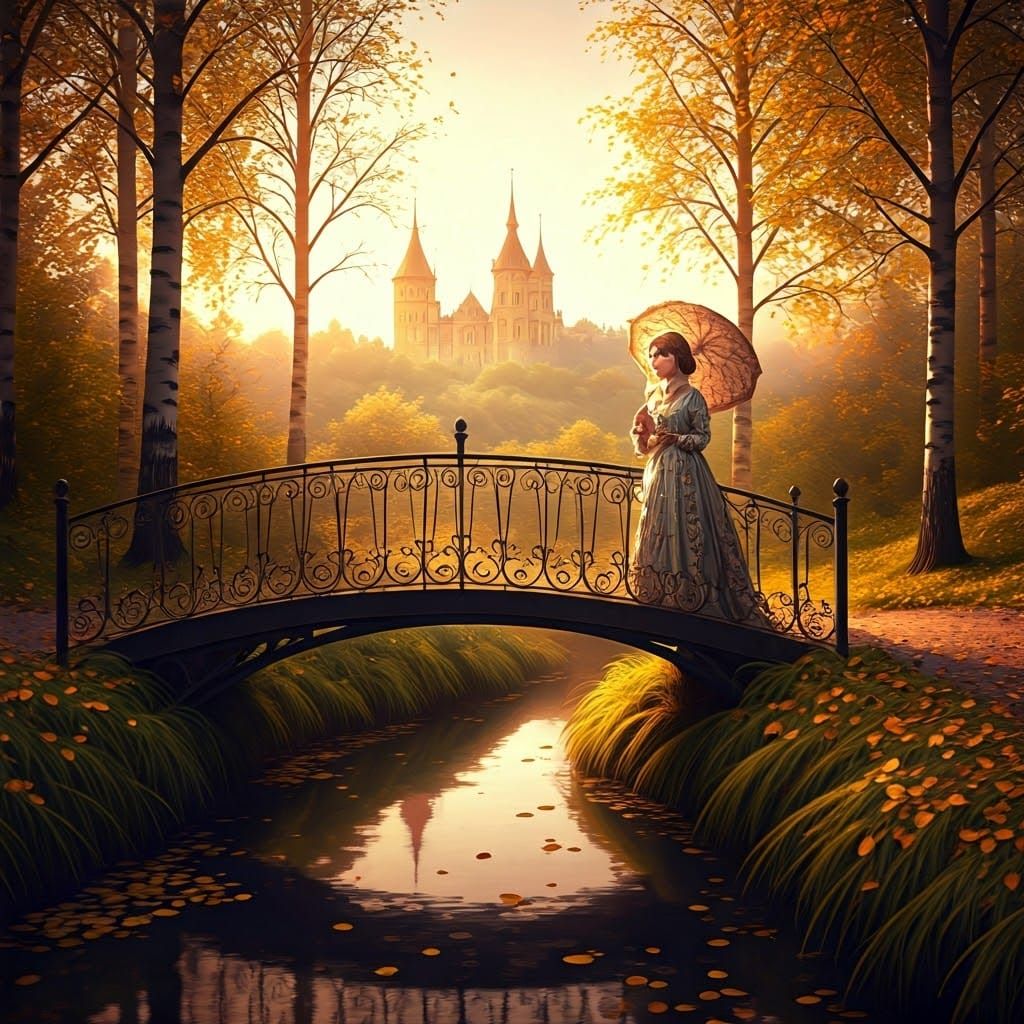 Woman on Bridge in Golden Light, Matte Painting Style