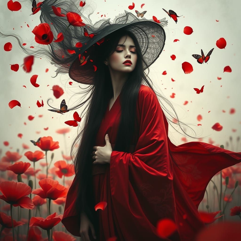 Mysterious Woman in Poppy Field, Dark Fantasy Art