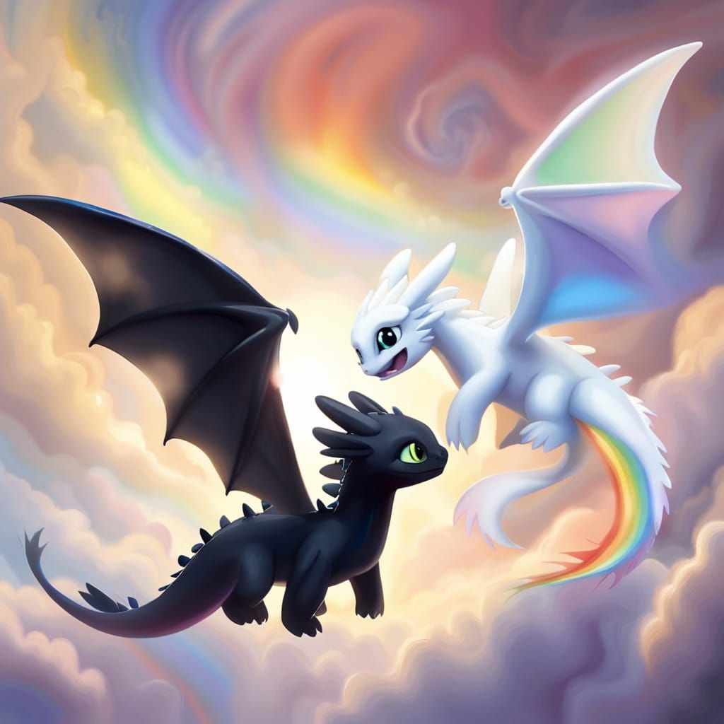 Nightfury and Lightfury Dragons Flying Over Rainbow