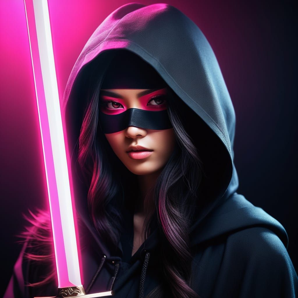 Cute Anime Girl Wields Samurai Sword with Electric Pink Glow