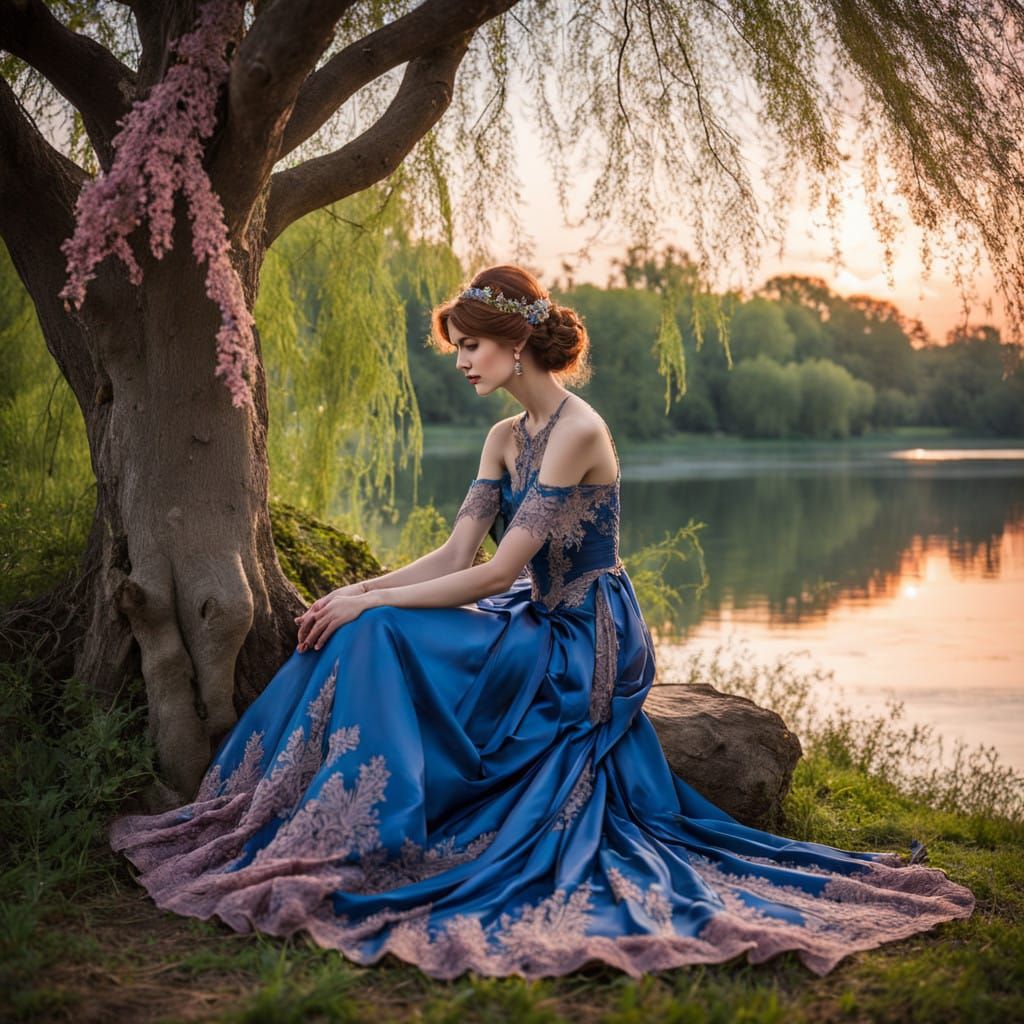 Regally Dressed Woman Under Willows in Vibrant Blue
