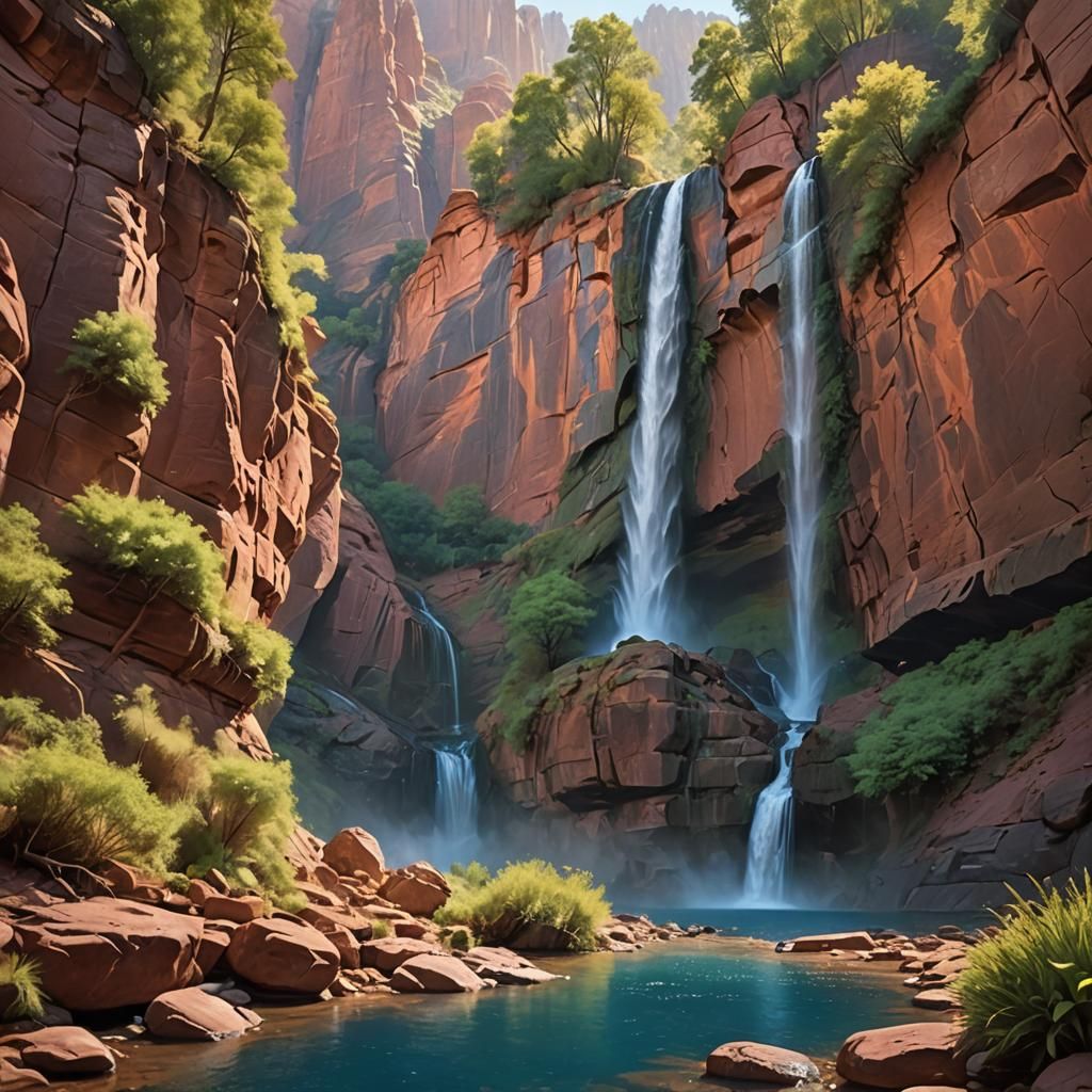 Waterfall Oasis in Rugged Canyon: Hudson River School
