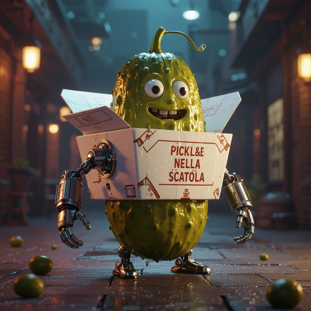 Sentient Pickle Sci-Fi Entity in Italian Takeout Box