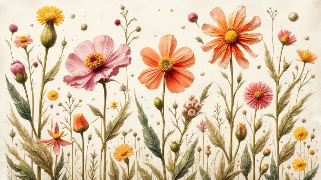 Vintage Pressed Flower Illustration in Old Painting Style