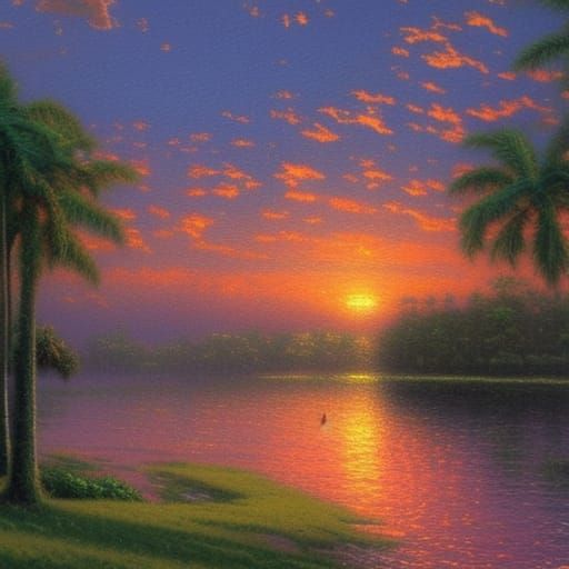 Florida Sunset Oil Painting with Ethereal Mist