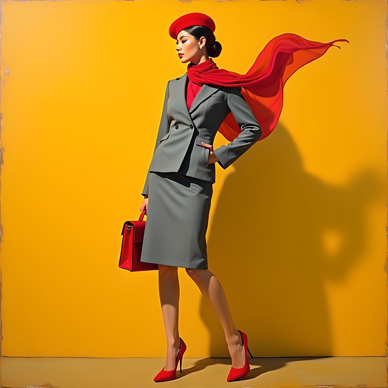 стюардесса в серой форме с красным шарфом в красном берете и...