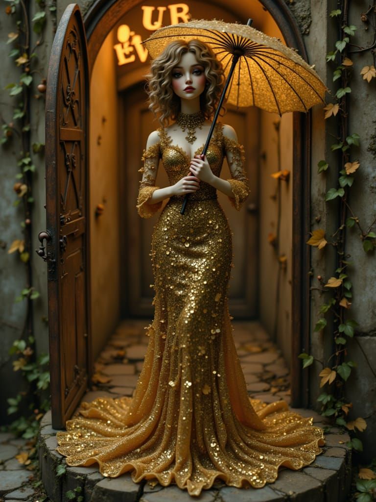 Woman in Golden Gown at Crumbling Theater Entrance