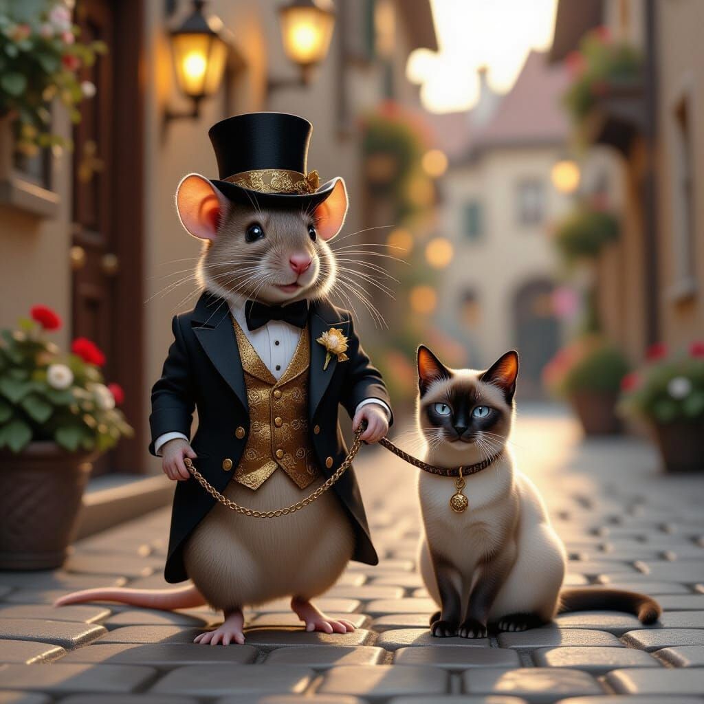 Elegant Rat with Siamese Cat in Dappled Light
