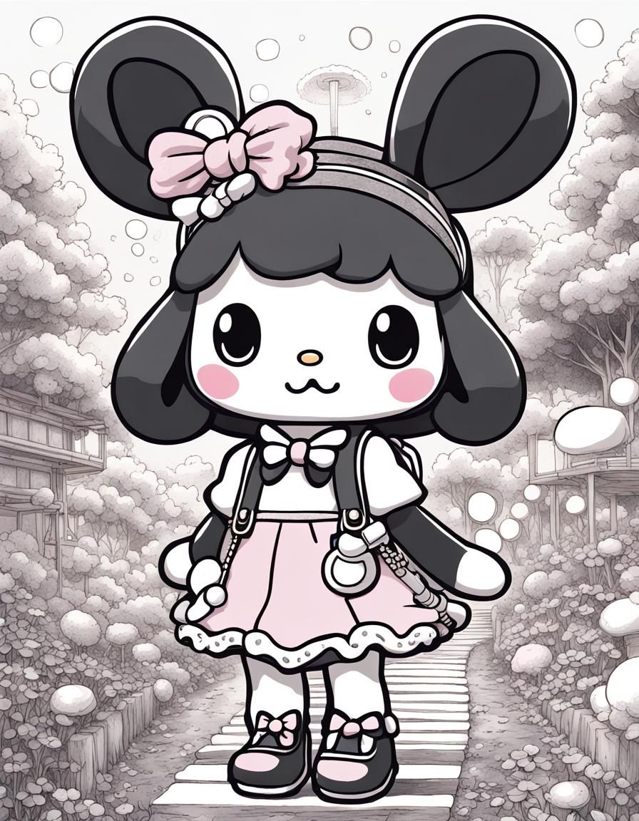 High detail, professional photo, [black art ink, character's from the My Melody universe]by The Japanese anime Guru Sanr...