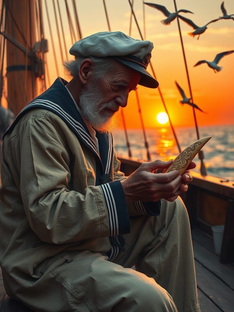 Sailor Carving Scrimshaw: An Impressionist Gouache Painting