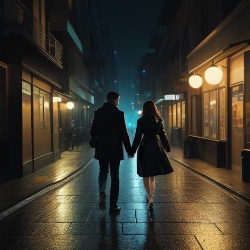 Romantic Embrace in Neon-lit City Alley