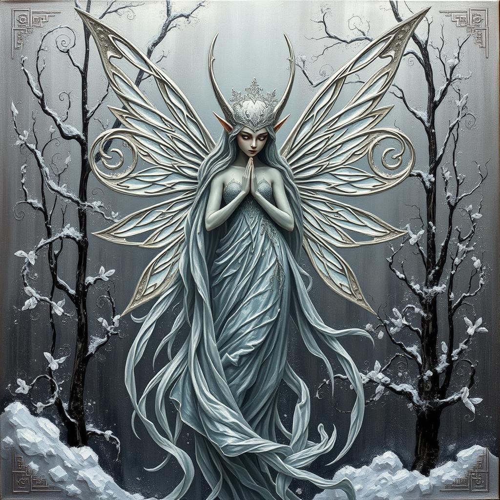 Silver Fairy Elf in Surreal Winter Landscape
