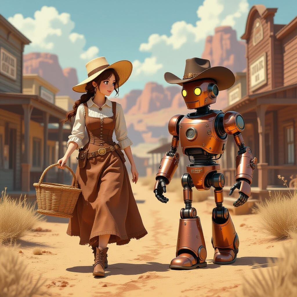 Western Lady with Steampunk Robot in Cel-Shaded Style
