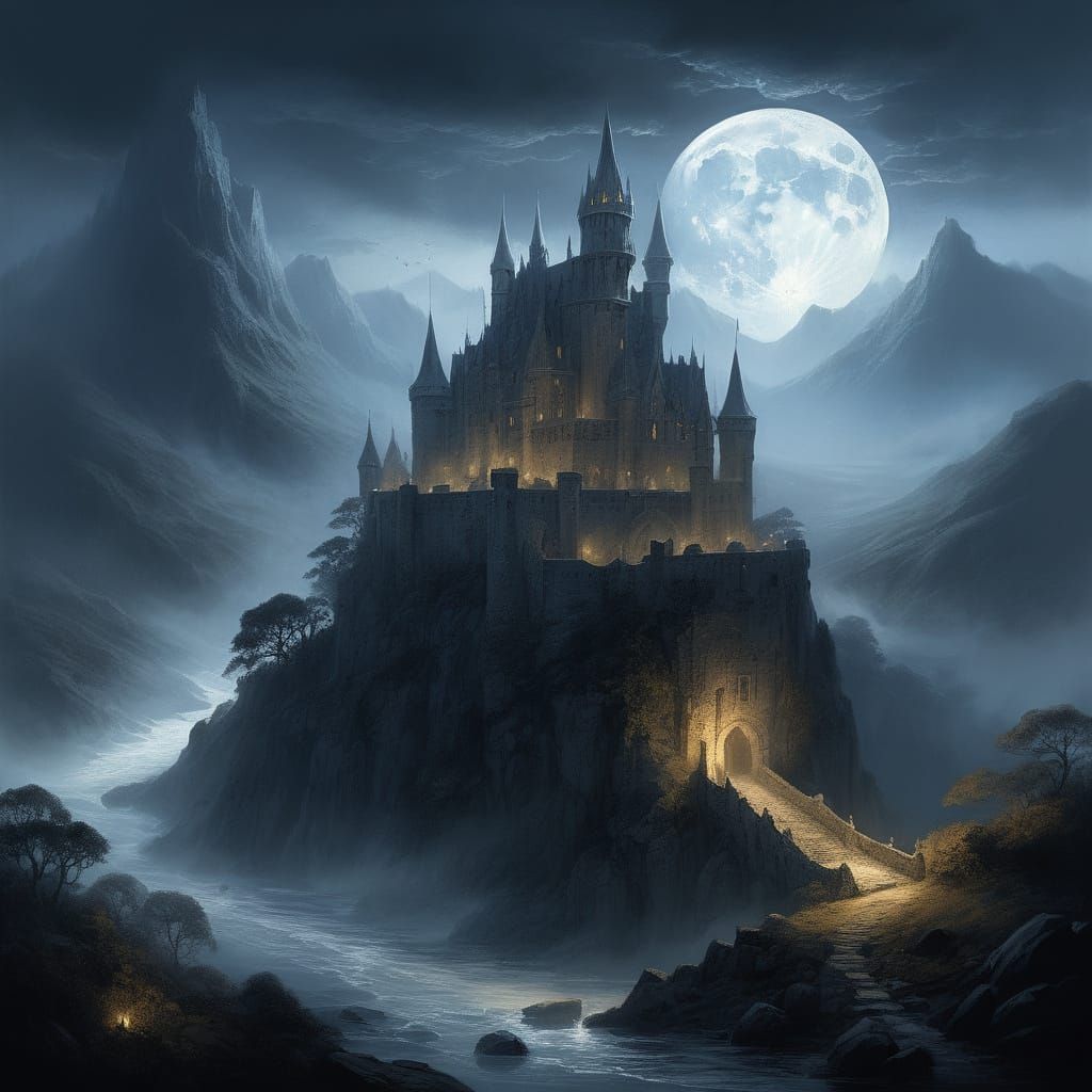 Majestic Spiderweb Castle in Misty Moonlit Valley