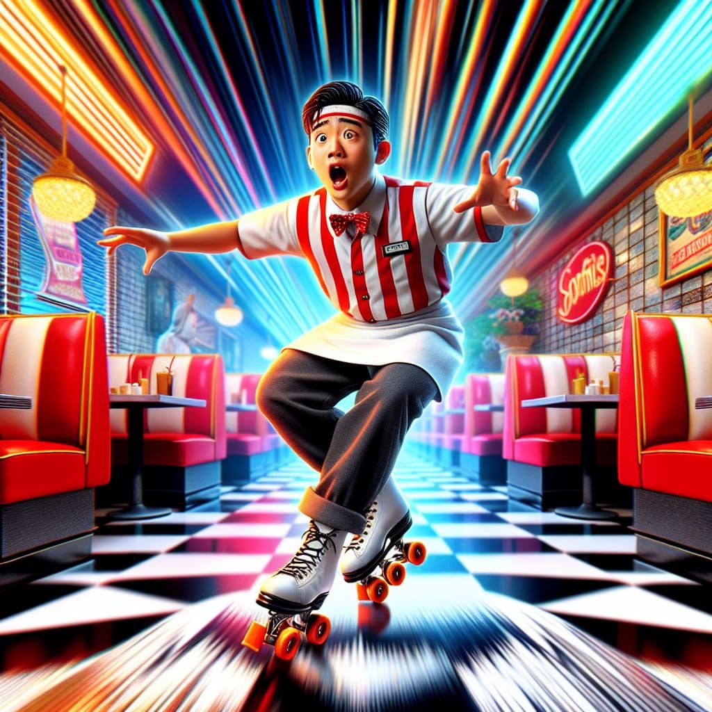 Flustered Japanese Waiter in Retro American Diner