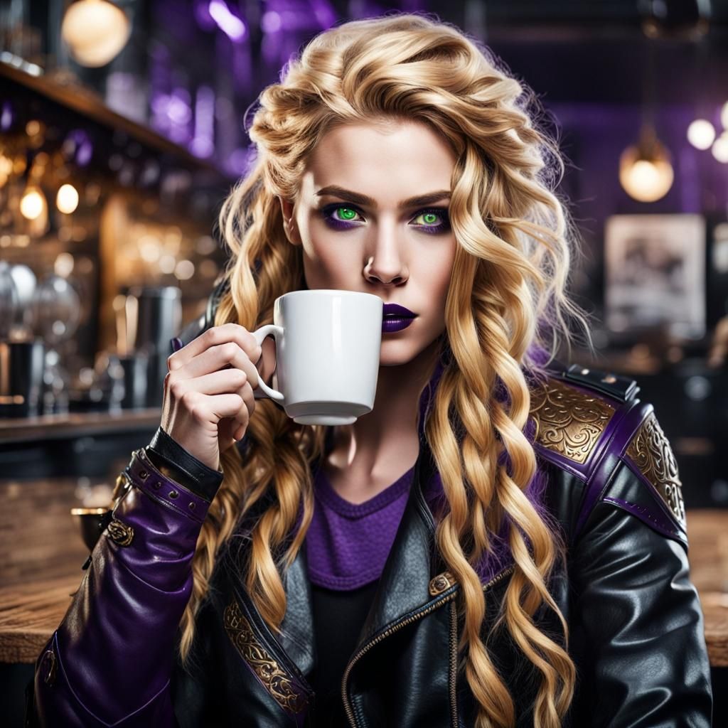 Viking Valkyrie Drinking Coffee in a Café
