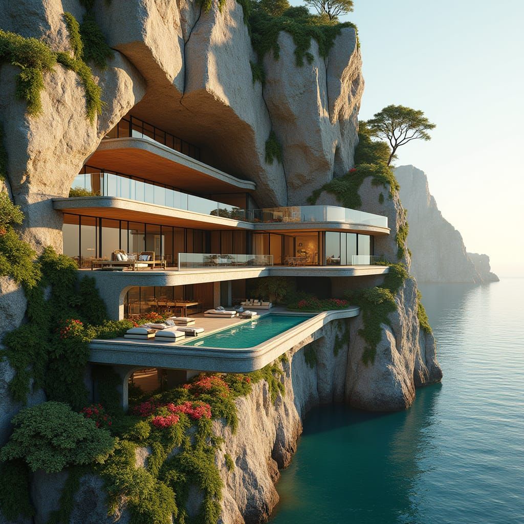 Ethereal Cliffside Villa Above Turquoise Waters in Modern Or...