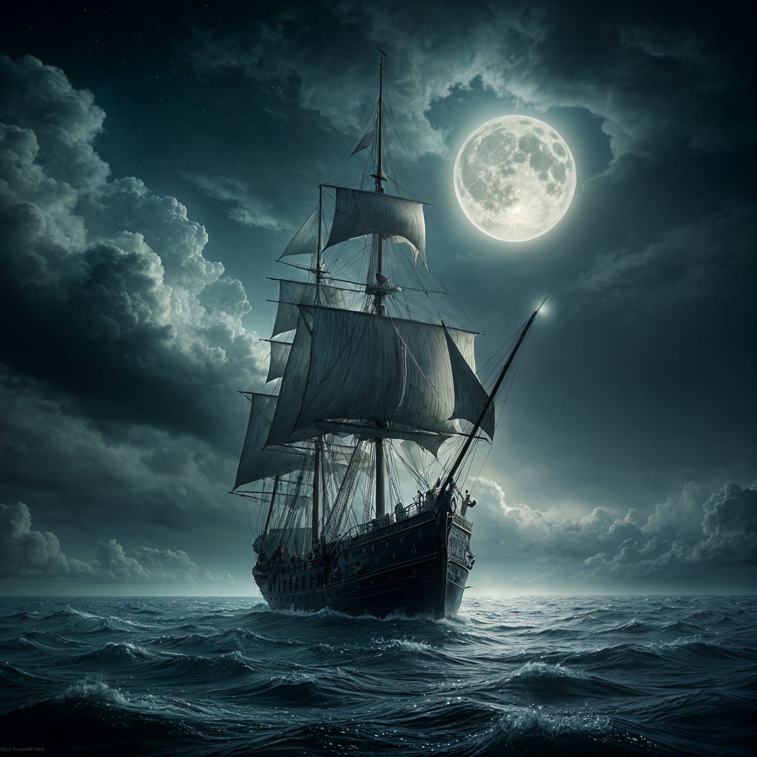 Ghost Ship in Stormy Seas with Eerie Glow