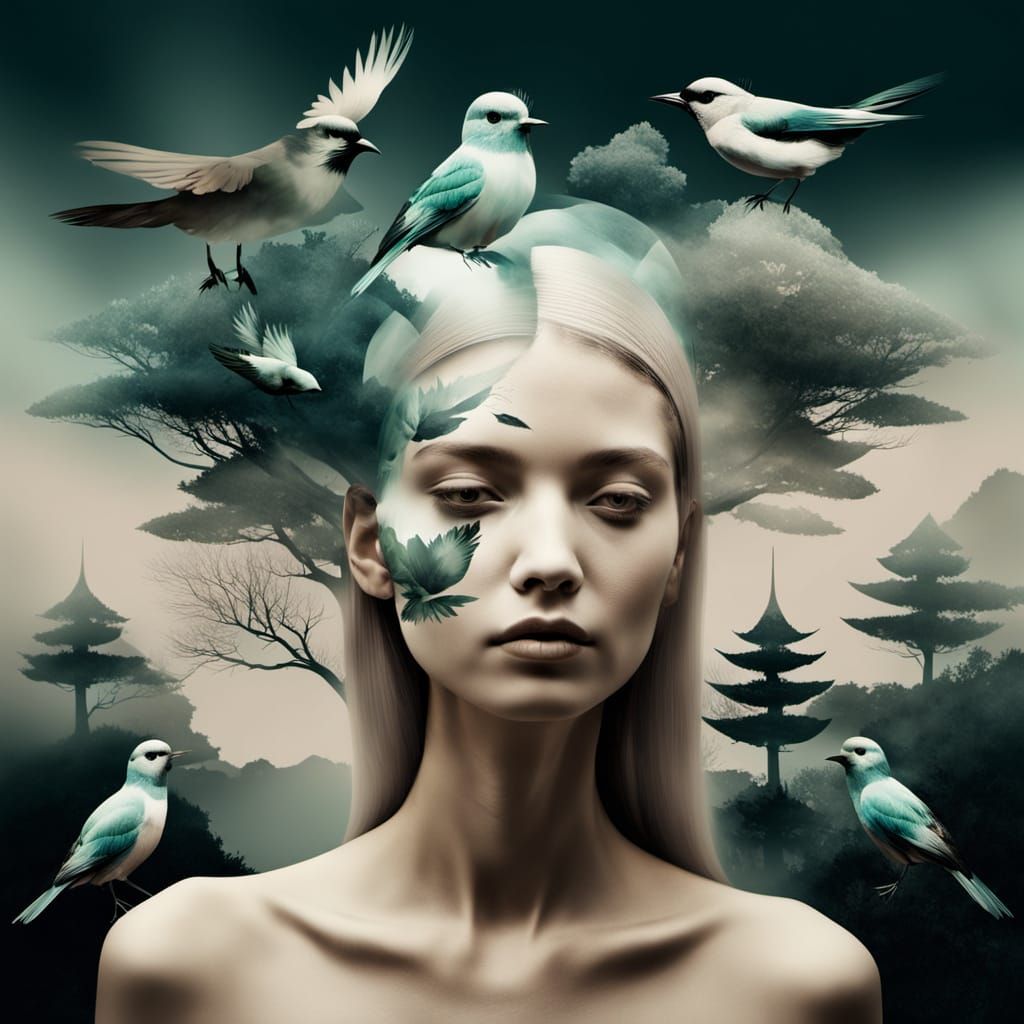 Surrealistic Portrait of a Woman in Futuristic Landscape wit...