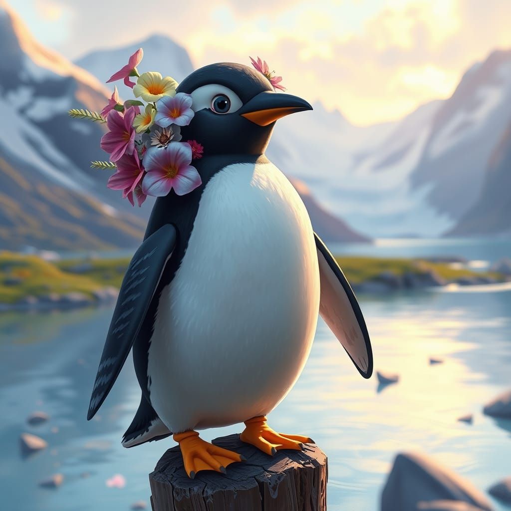 Fantastical Penguin in Vibrant Wet Painting Landscape