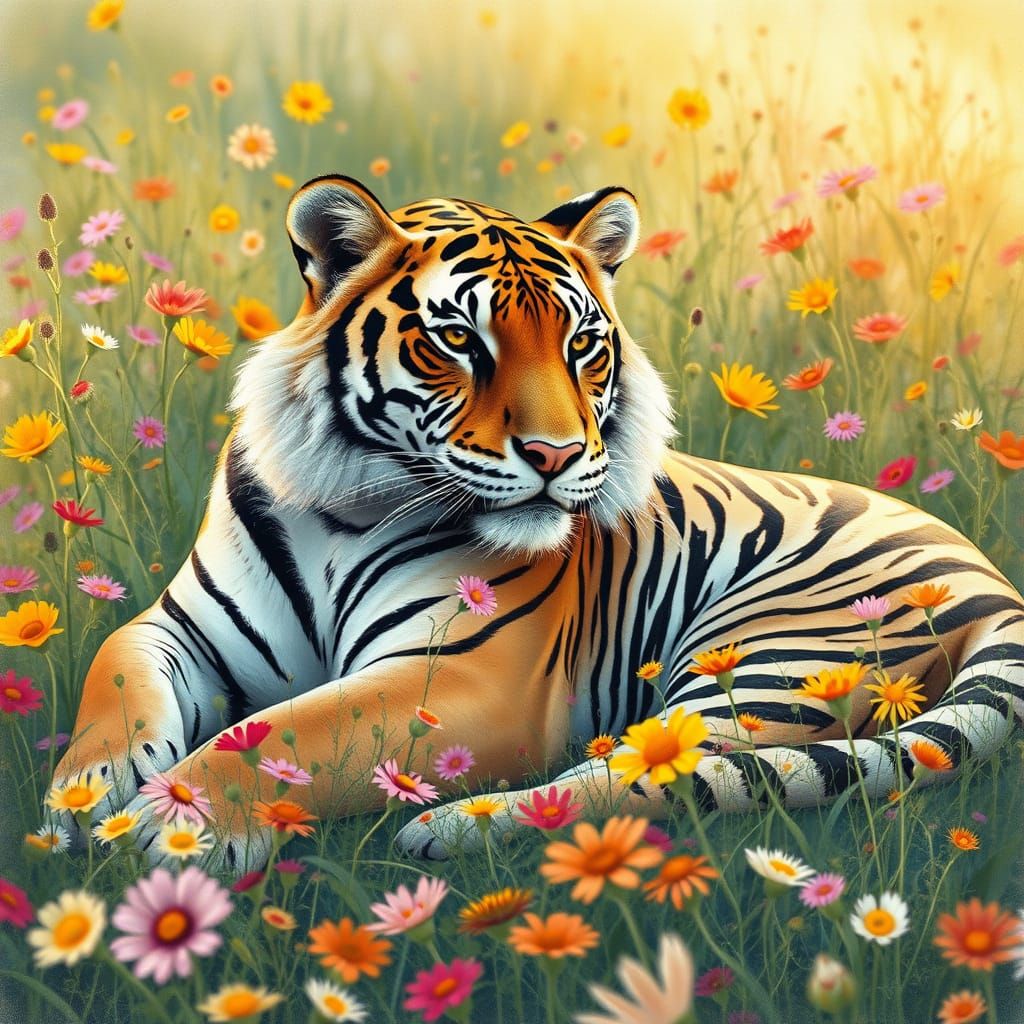 Tigress in Wildflowers: A Watercolor Art Piece