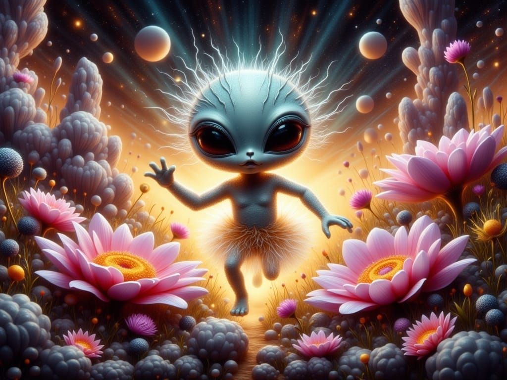 Glowing Alien Blob Ascends a Stylized Flower Portal