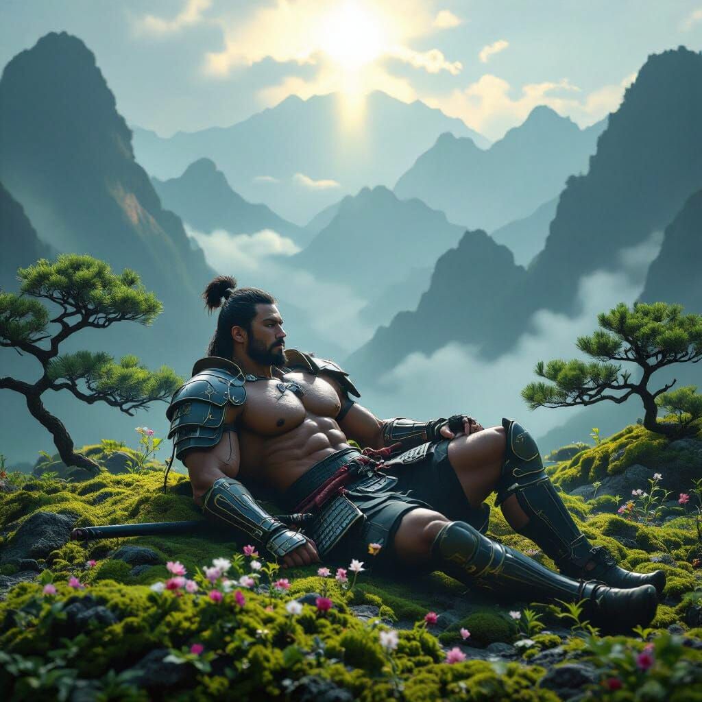 Samurai Resting in Ethereal Botanical Scene