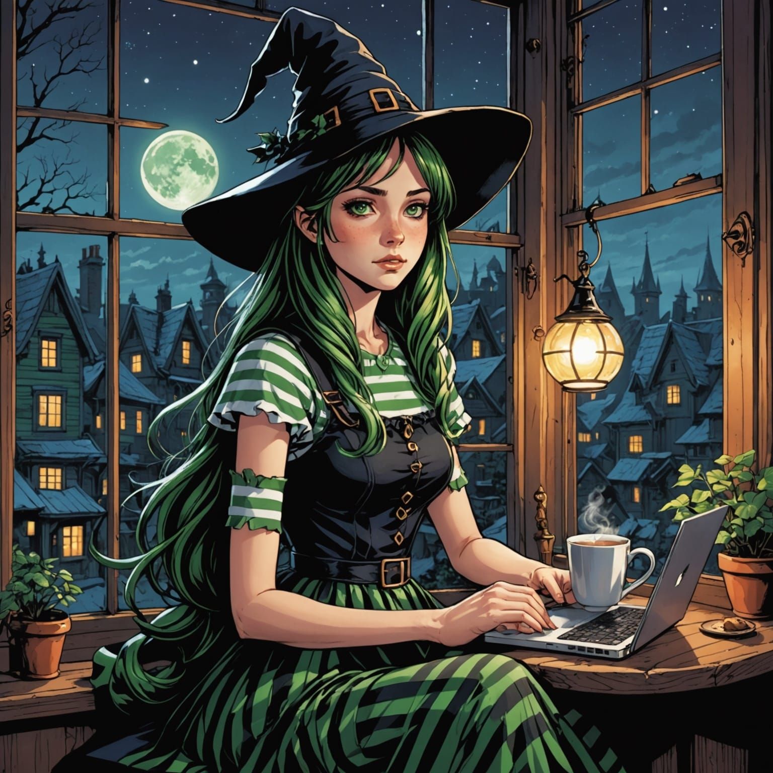 Young Witch in Anime Style, Sipping Tea by the Window