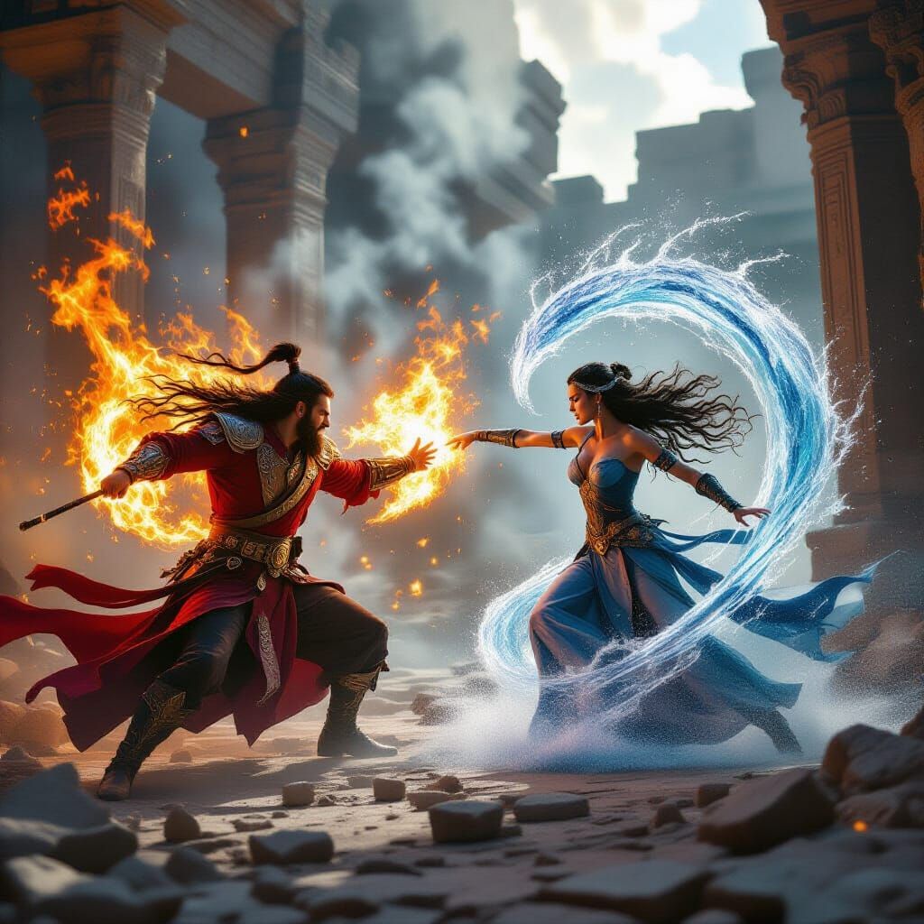Fire Wizard vs Water Sorceress in Ruined Temple