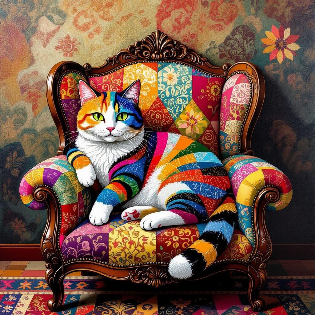 Surreal Patchwork Cat in Ornate Armchair