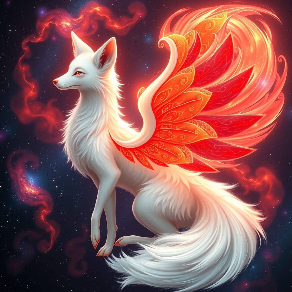 Ethereal White Kitsune Fox in Cosmic Landscape