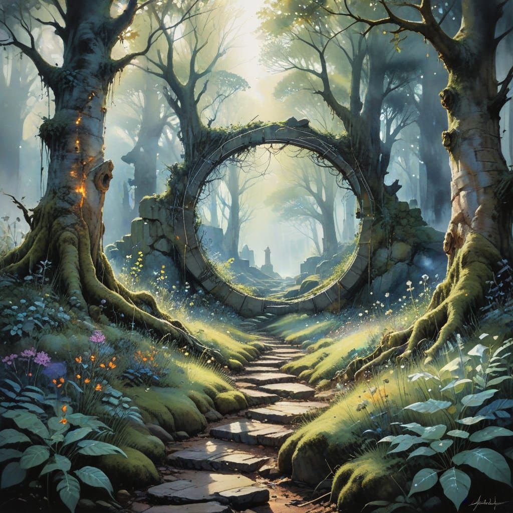 (Enchanted forest path leading to a hidden druidic circle amid ancient ruins:1.5) Far beyond the borders of bustling tow...