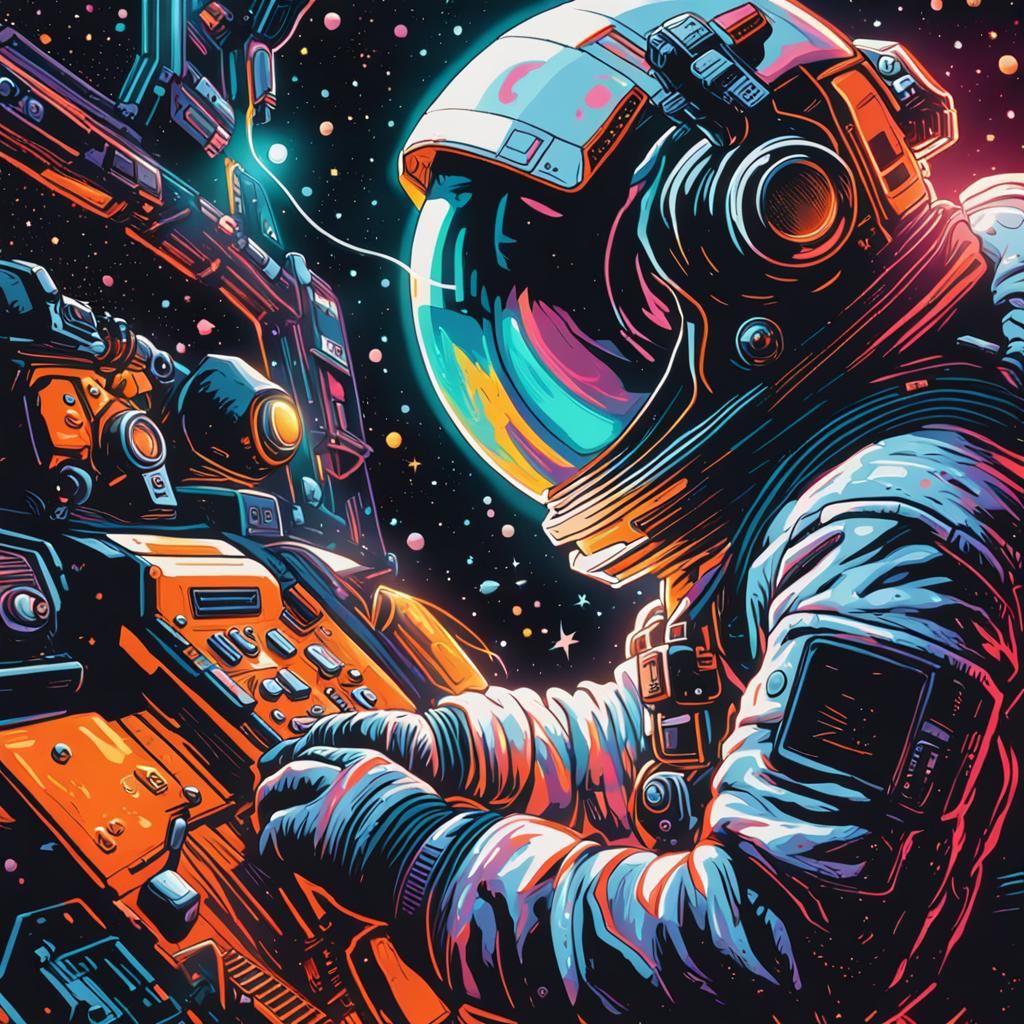 Astronaut Repairs Spaceship in Neon Cosmic Starscape