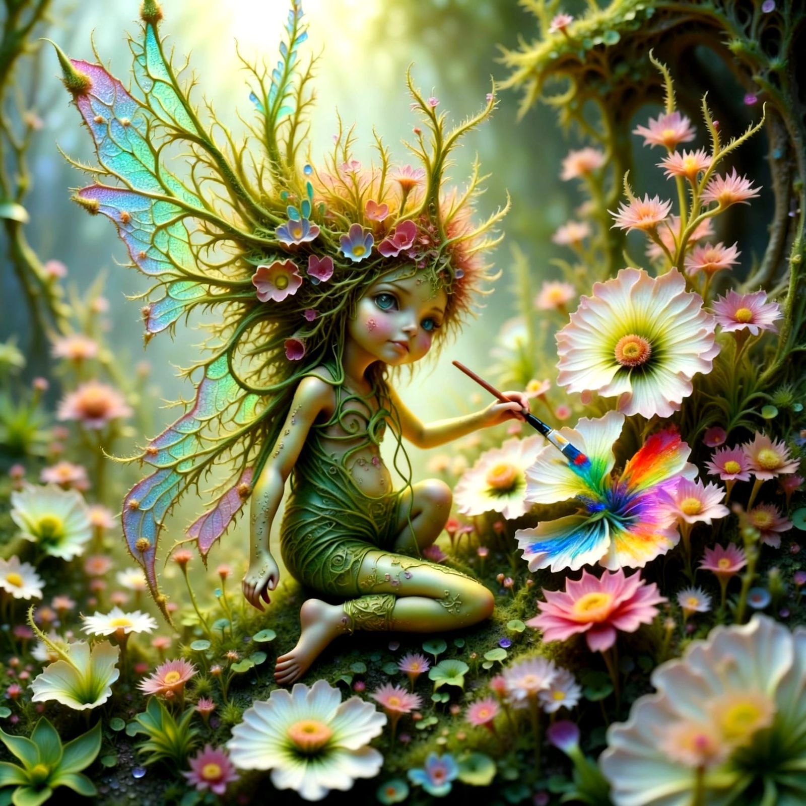 Intricate Fairies Paint Rainbow Flowers in Magical Forest
