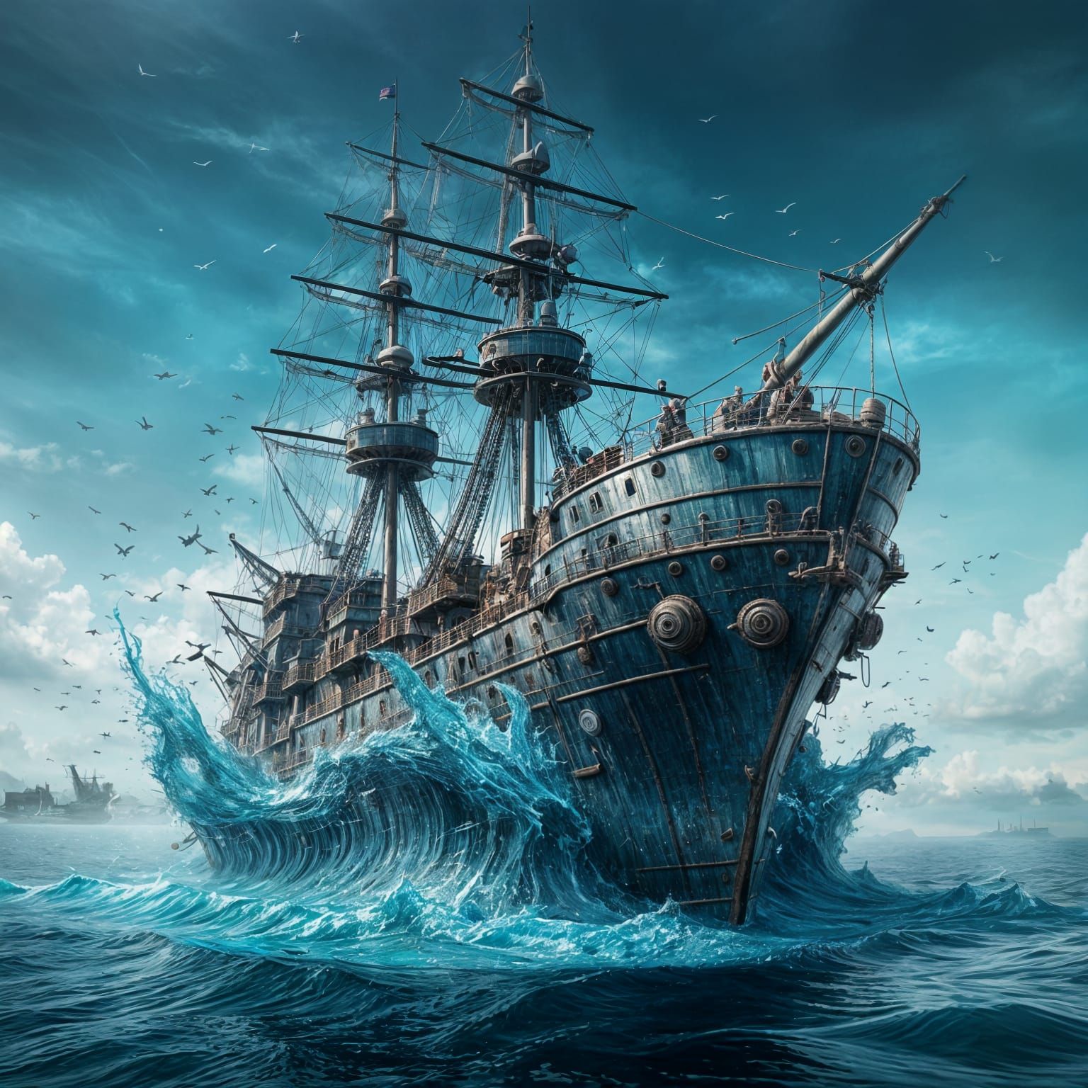 Blue Water Warship in Detailed Digital Art