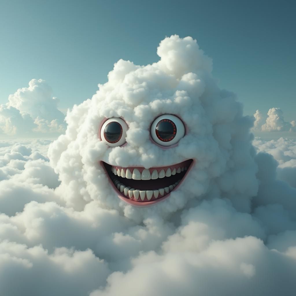 Uncanny Cloudscape: Distorted Emoji Faces in Sky