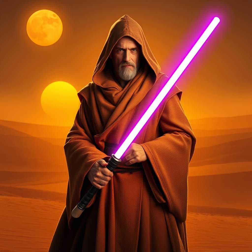 Jedi Master Portrait on Tatooine with Purple Lightsaber
