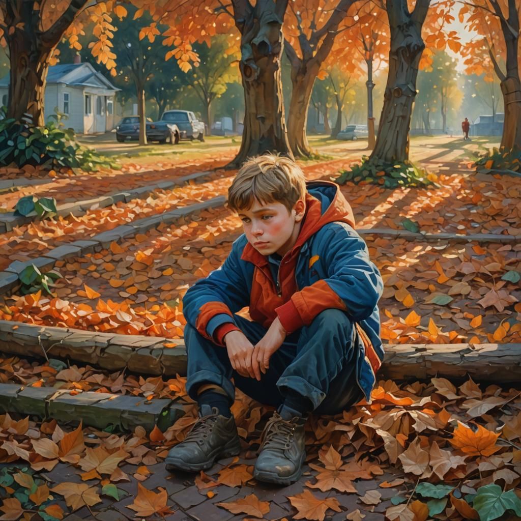 Boy in Autumnal Garden: Oil Painting
