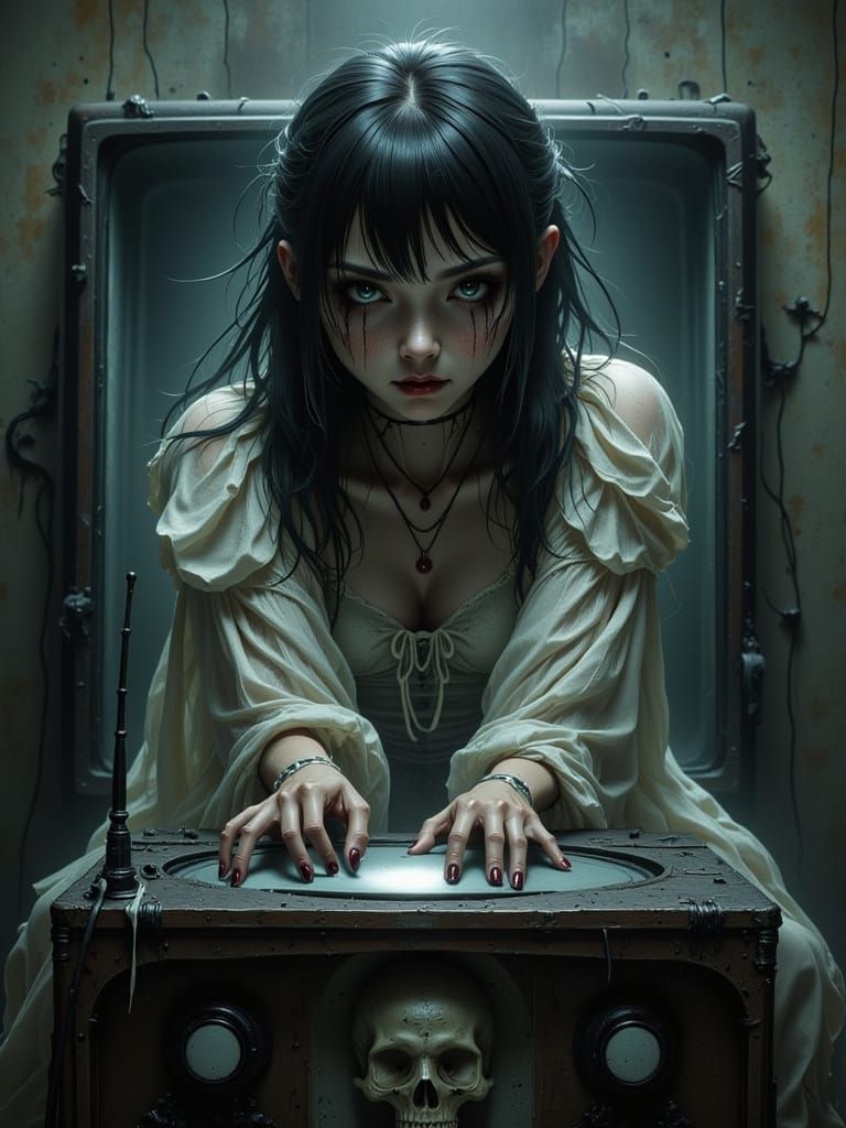 Eerie Sadako Emerges from Old TV, Giger & Beksiński Inspired