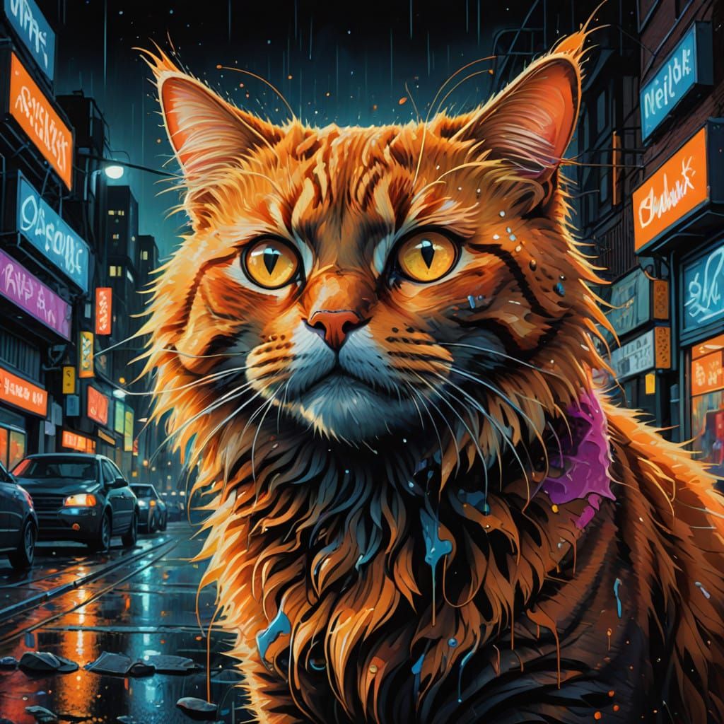 Ethereal Feline Portrait in Neon Graffiti Style