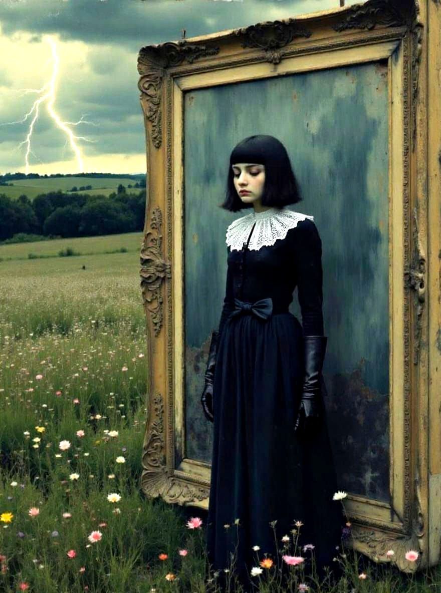 Goth Girl in Antique Frame with Lightning