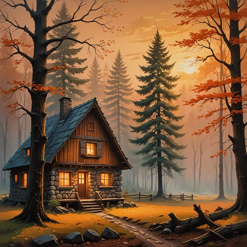 Warm Cozy Cabin Scene with Golden Lighting and Forest Silhou...