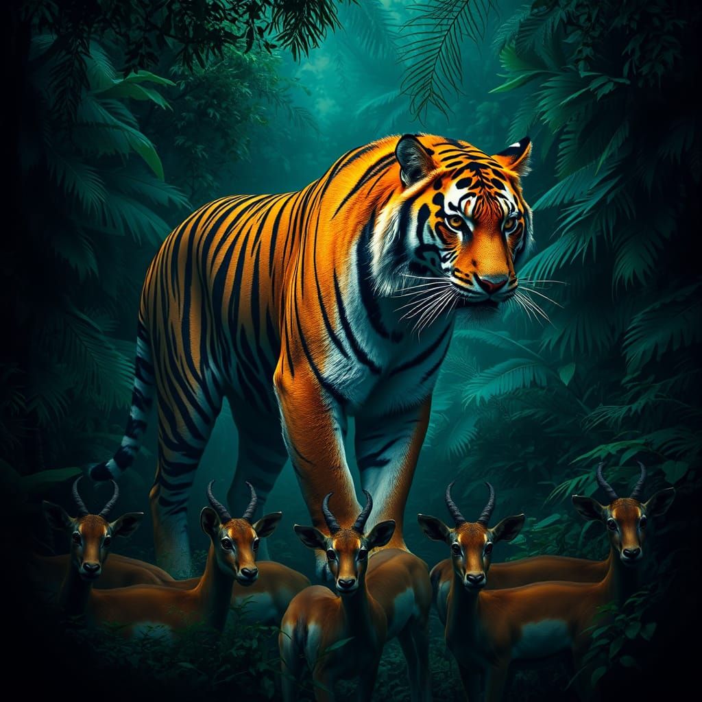 Majestic Tiger Stands Over Gentle Gazelles in a Dark Jungle
