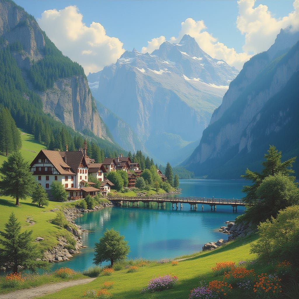 Idyllic Swiss Village Nestled Between Majestic Mountains and...