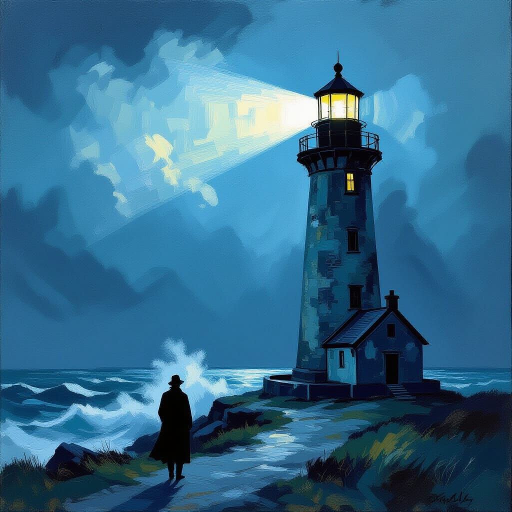 Figure Before Lighthouse in Stormy Twilight