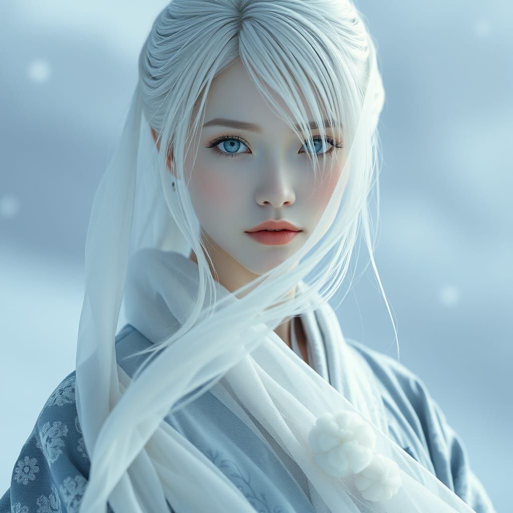 Elegant Snow Queen in Icy Grey Kimono