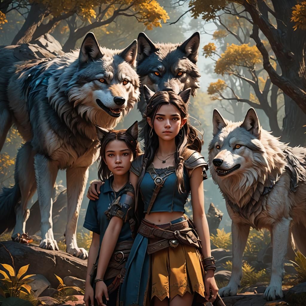 Fantasy Art: Girl and Brother with Wolf Features