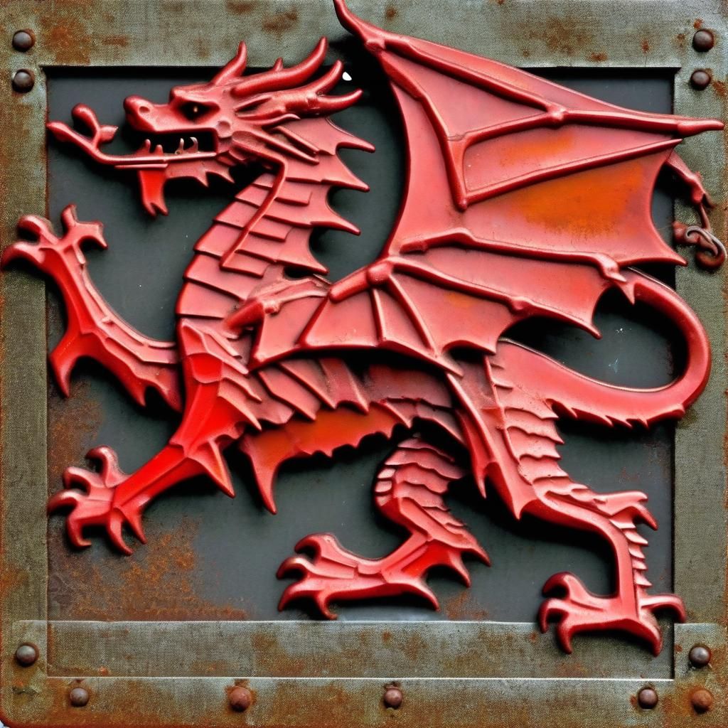 Welsh red Dragon. Metal flag of wales.